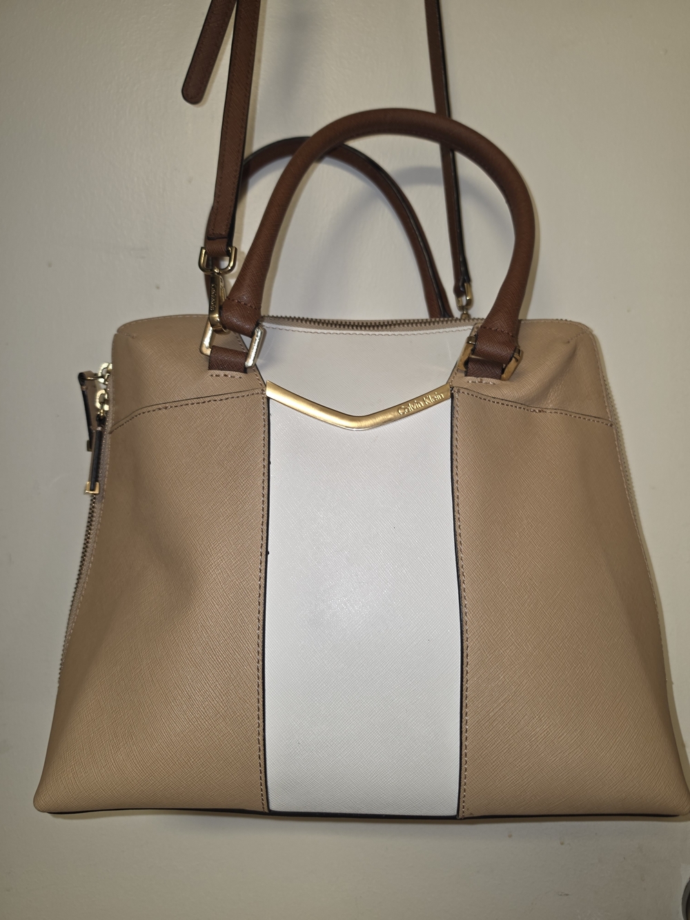 Calvin Klein Beige and White Colorblock Satchel